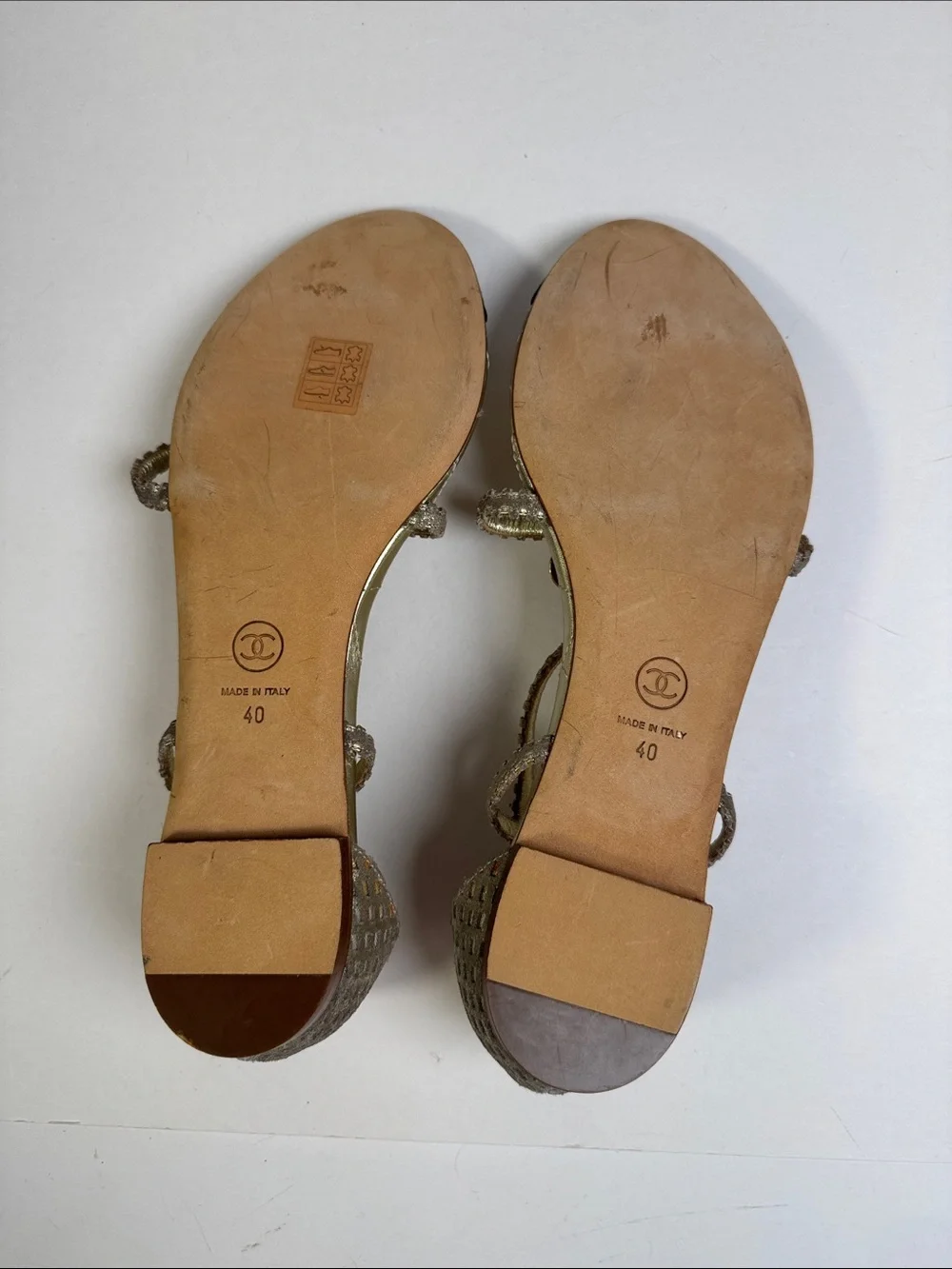 Chanel Gold Quilted CC Camelia Sandals